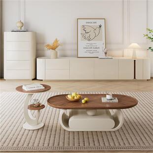 fLE纯实木落地电视柜茶几组合现代简约小户型客厅奶油风电视柜胡