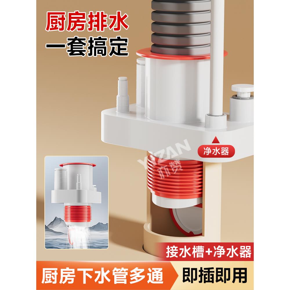 厨房下水管三通水槽洗菜盆净水器排水管道五通集成分水防返臭神器