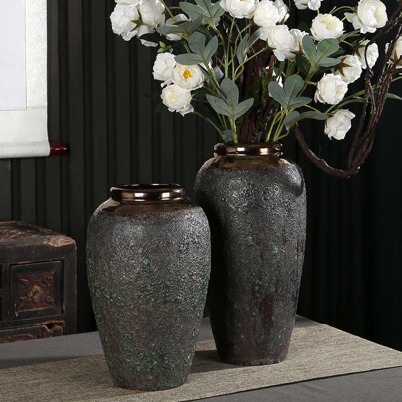 景德镇陶瓷器 复古落地花瓶手工仿古粗陶罐花器做旧绿釉花瓶摆件