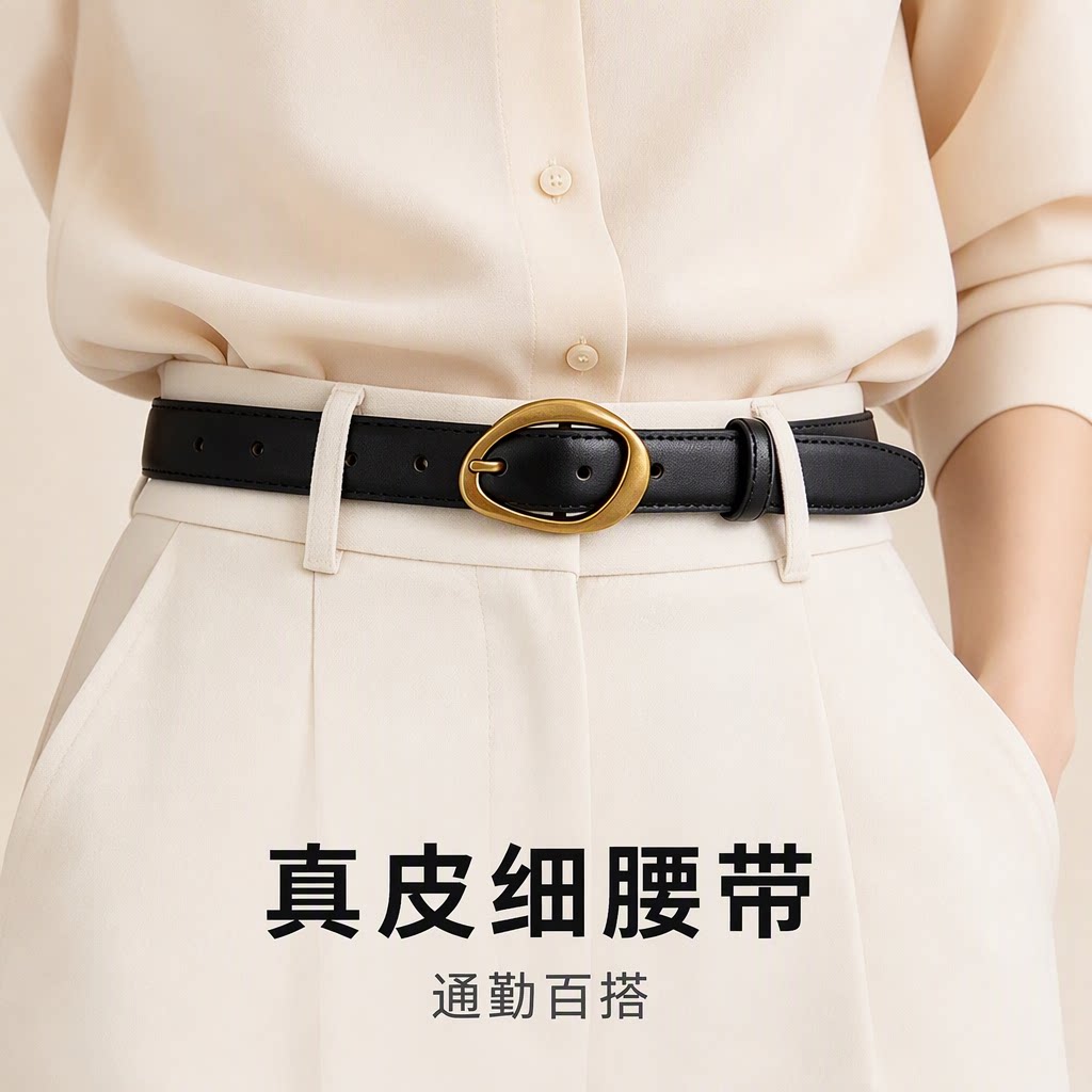通勤百搭真皮黑色椭圆扣女腰带