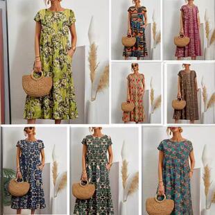 圆领印花夏季 宽松无袖 连衣裙女 棉麻裙跨境外贸欧美新款 齐色齐码