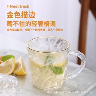 高级感ins带把手冰川纹玻璃杯磨砂杯子夏日女家用办公室喝水杯子
