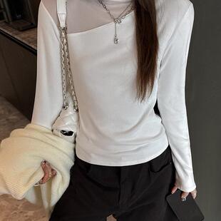 衣服女款秋半高领网纱拼接修身显瘦打底衫内搭正肩长袖t恤外0927z