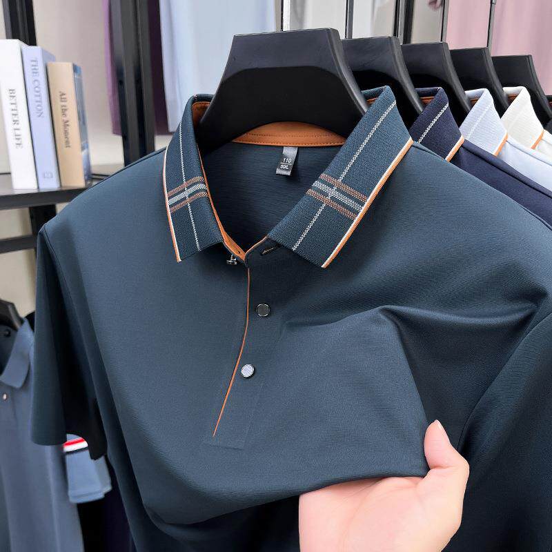 桑蚕丝男款短袖t恤夏季新款翻领拼色百搭冰丝男士短袖polo衫男