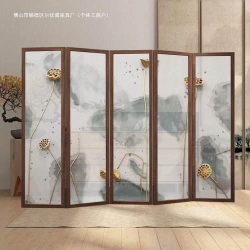 动中式山水画屏隔断实木可折UTS风叠移屏风断隔铁艺遮挡帘办公室