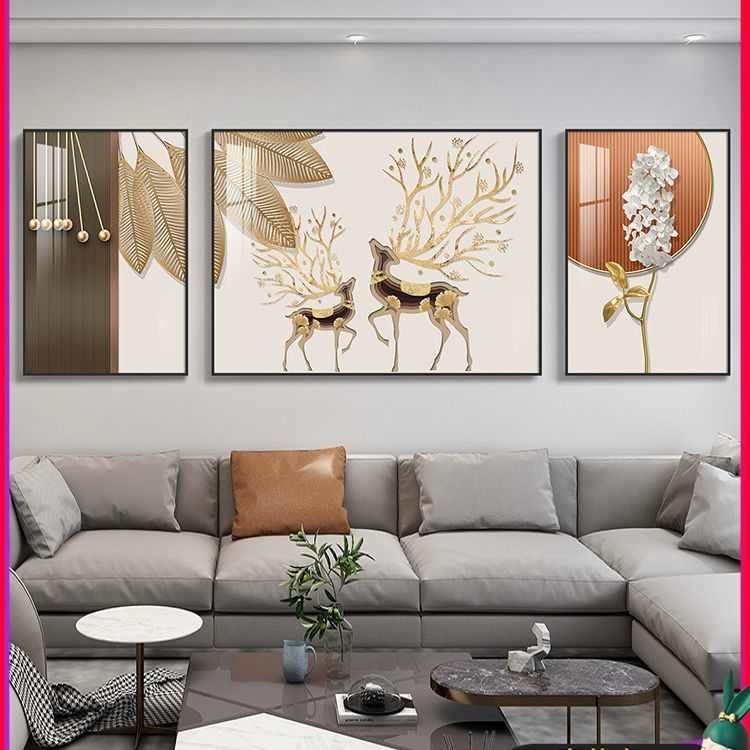 轻奢客厅装饰画现代简约沙发背景墙挂画抽象大气麋鹿墙面壁三联画图片