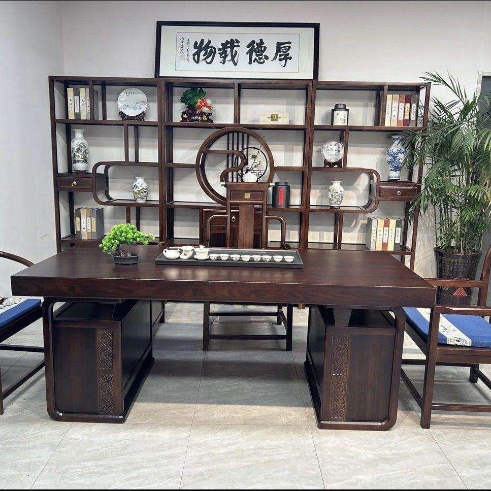 乌金木实木大板书桌办公茶桌组合新中式高端办公桌单桌绢花通用图片