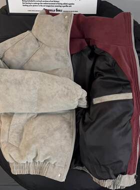 美式脏脏PU皮羽绒服男冬季加厚保暖免洗情侣短款面包服飞机扣棉服