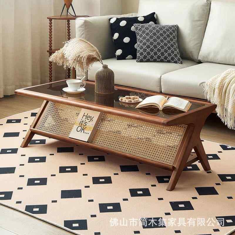 法式复古茶几实木藤编客厅家用餐桌简约现代小户型两用玻璃长方形