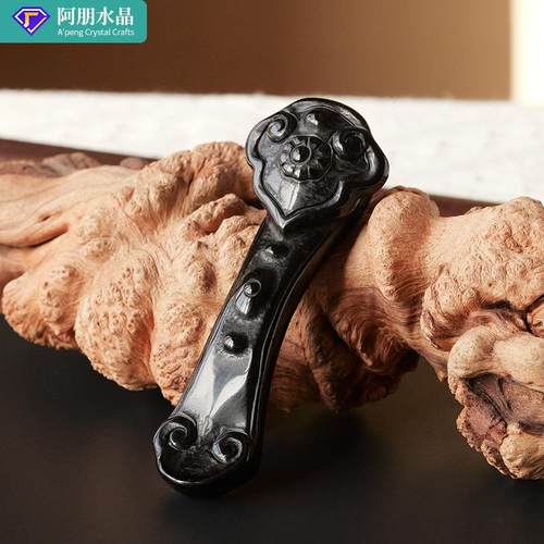 黑曜石如意摆件天然水晶原石玉如意雕刻件家居客厅吉祥摆件装饰品