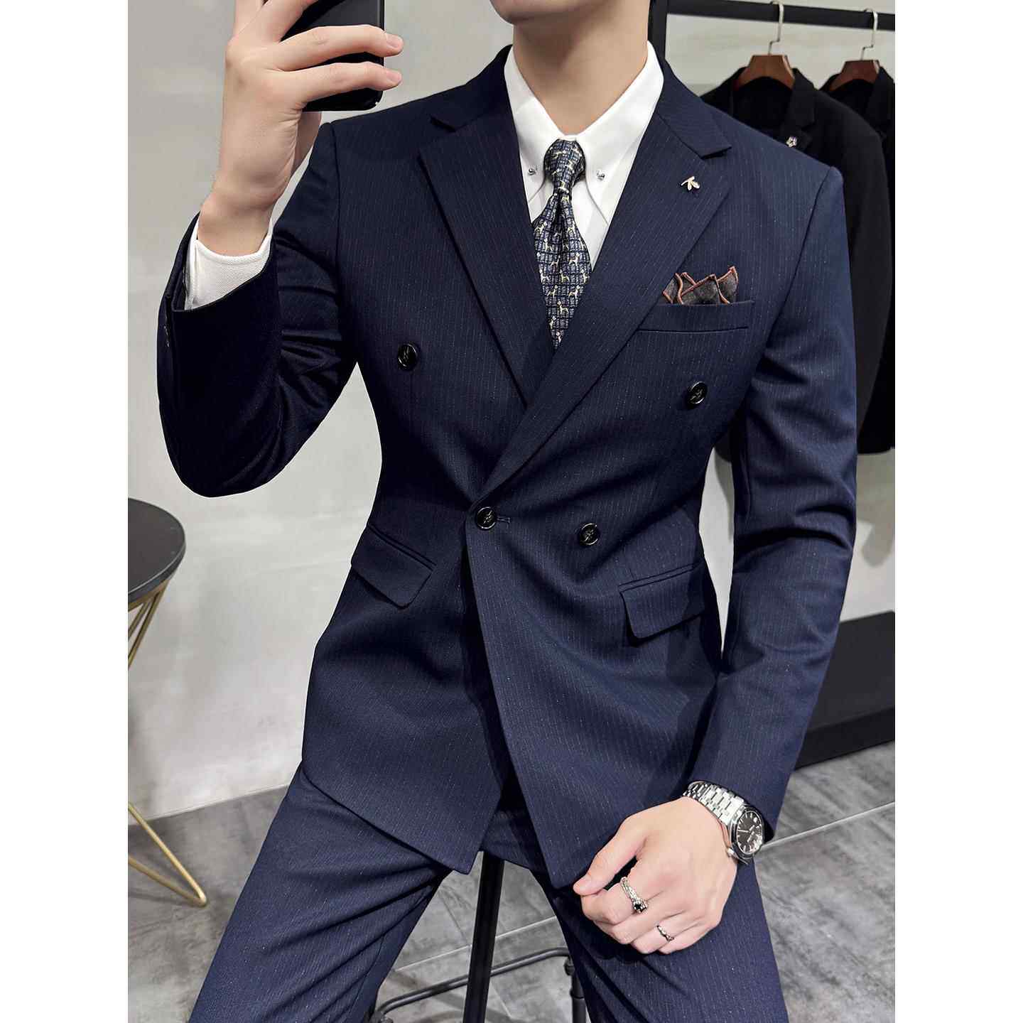 秋冬季新款条纹双排扣西服套装男士感休闲商务正装韩版修身1212n