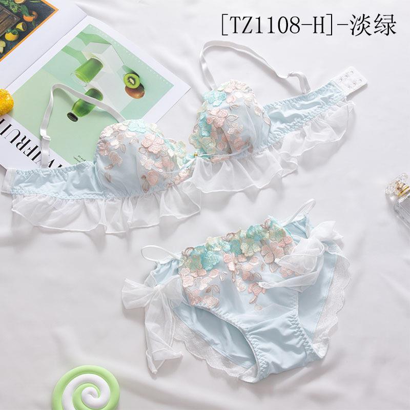 新款直销文胸套装刺绣薄款透气宫廷冰丝无钢圈三角杯内衣上托美胸