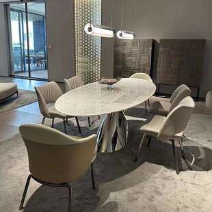 形意式 轻细奢花白大石餐桌家用饭桌现代简理13566约形椭圆天然奢