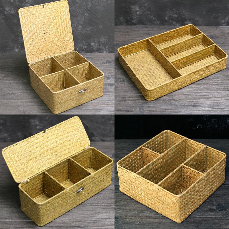 复古草编收纳盒桌面茶具饰品化妆品收纳筐正方形带盖手工海草编织