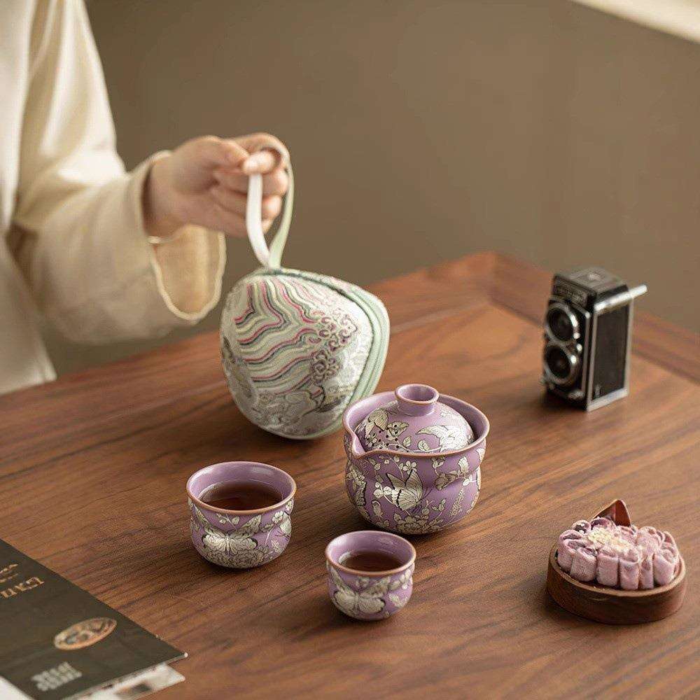 仿宋汝窑鎏银蝶恋花一壶两杯陶瓷泡茶壶户外便携式快客杯旅行茶具