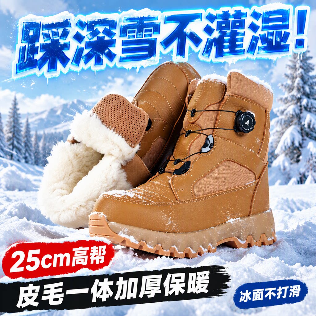 皮毛一体加厚保暖防滑男士雪地靴