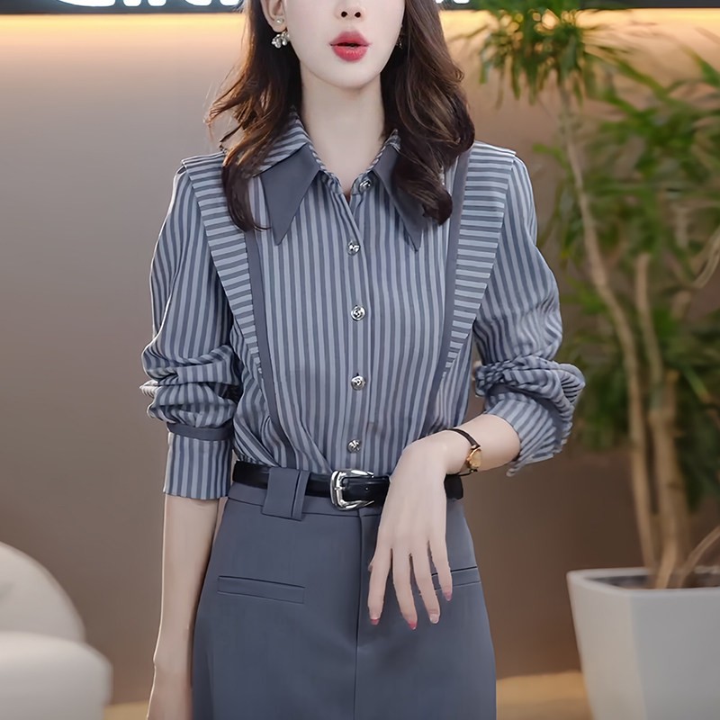 香港TIMO长袖条纹衬衫女士早春时尚减龄气质休闲 显瘦设计感上衣