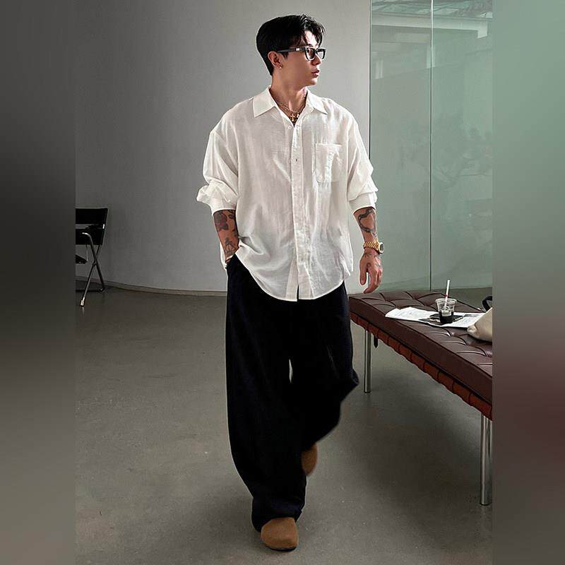 轻奢慵懒风白色长袖亚麻衬衫男款2026夏季老钱风穿搭防晒衬衣外套