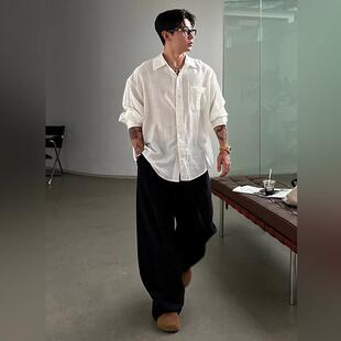 轻奢慵懒风白色长袖亚麻衬衫男款2026夏季老钱风穿搭防晒衬衣外套