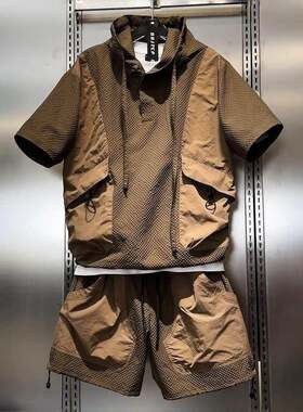白领夏季工装透气速干干运动套装男士痞帅肌理感休闲连帽短0704r
