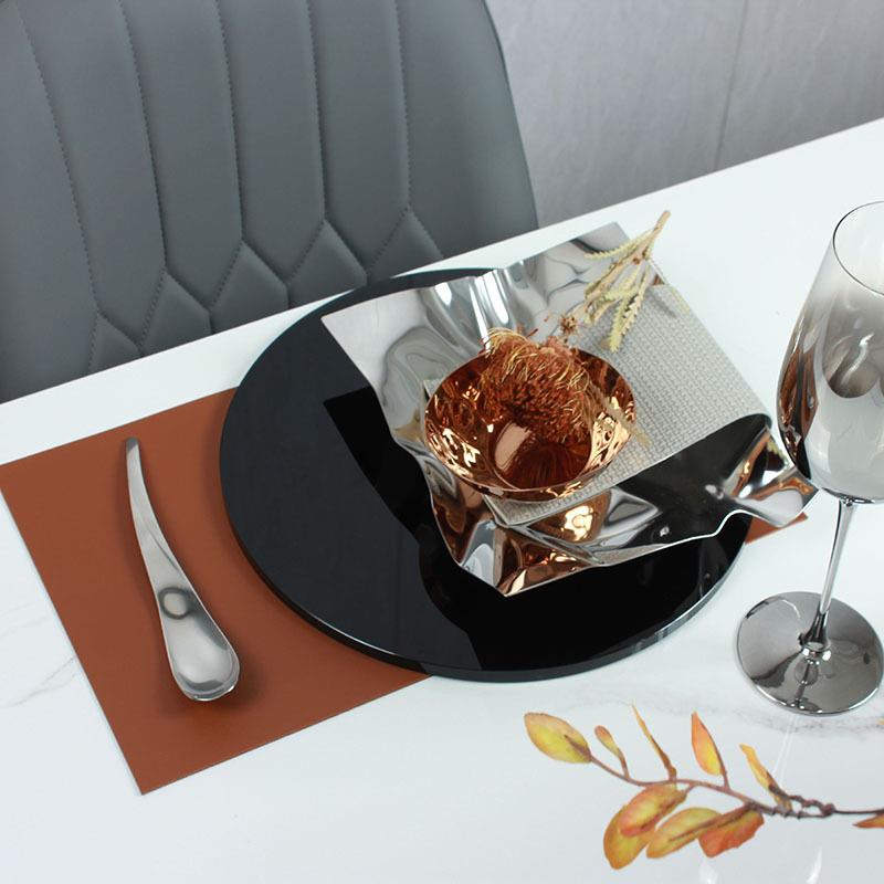 黑色水晶盘配褶皱不铁钢盘样板间摆台软装西餐盘套装后现代摆件
