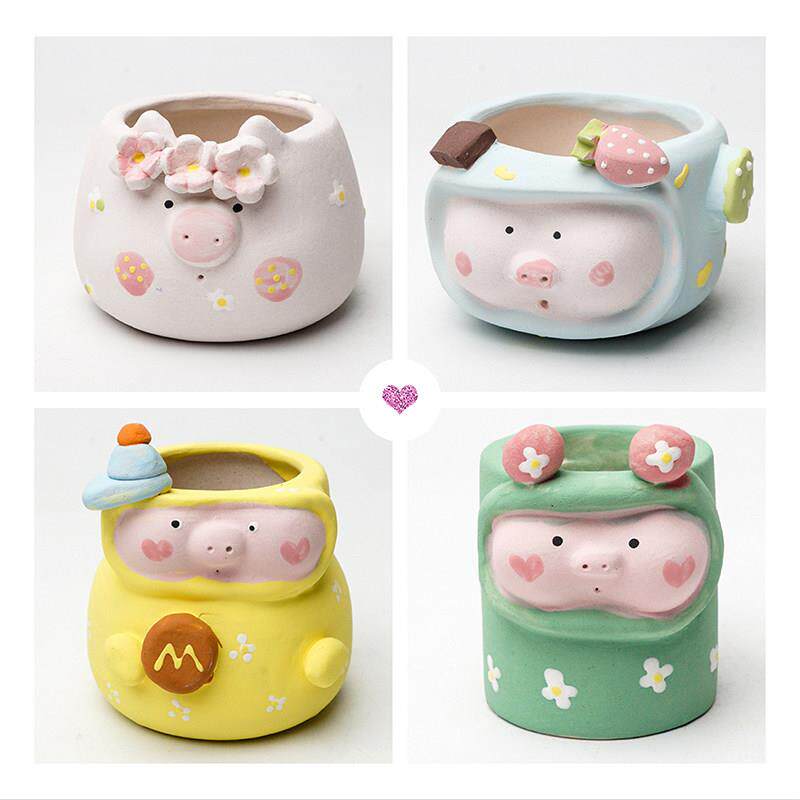 新可爱的猪立体飞碟小控制锅平火磨砂透气手工粗陶多肉花盆