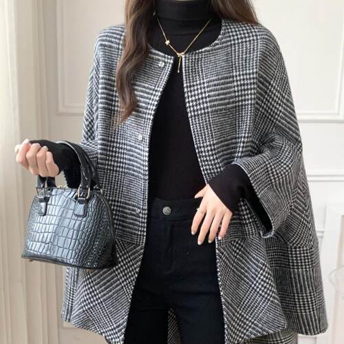 Checkered woolen coat, women's mid length cardigan, woolen