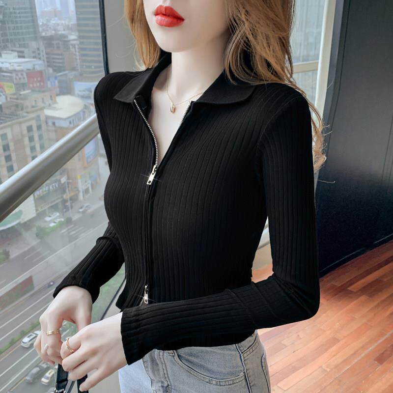 针织衫女春秋2025年新款修身设计感小众开衫拉炼毛衣短款打底上衣