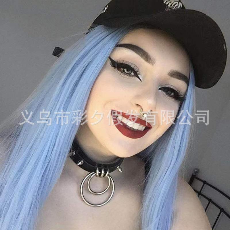 新款直销新品染色长直发中分假发欧美女士长发黑色渐变天蓝色化纤