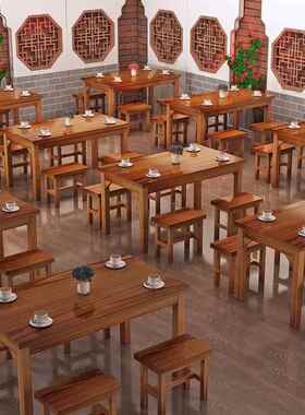 馆桌桌椅饭店小吃店桌快餐桌椅组合实椅木餐馆面食堂餐NEK烧烤碳