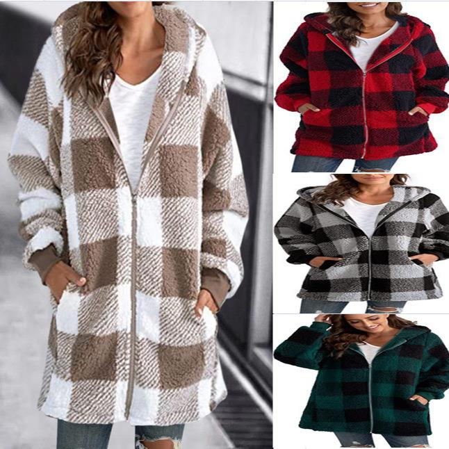 Plush women's coat long sleeved checkered hooded zipper