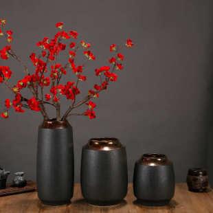 复古黑金陶瓷花瓶摆件客厅中式插花腊梅干花粗陶花器装饰