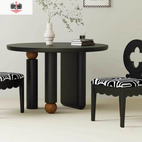 优密复古实木餐桌家用圆形饭桌原木民宿中古风洽谈泡茶长条桌接待