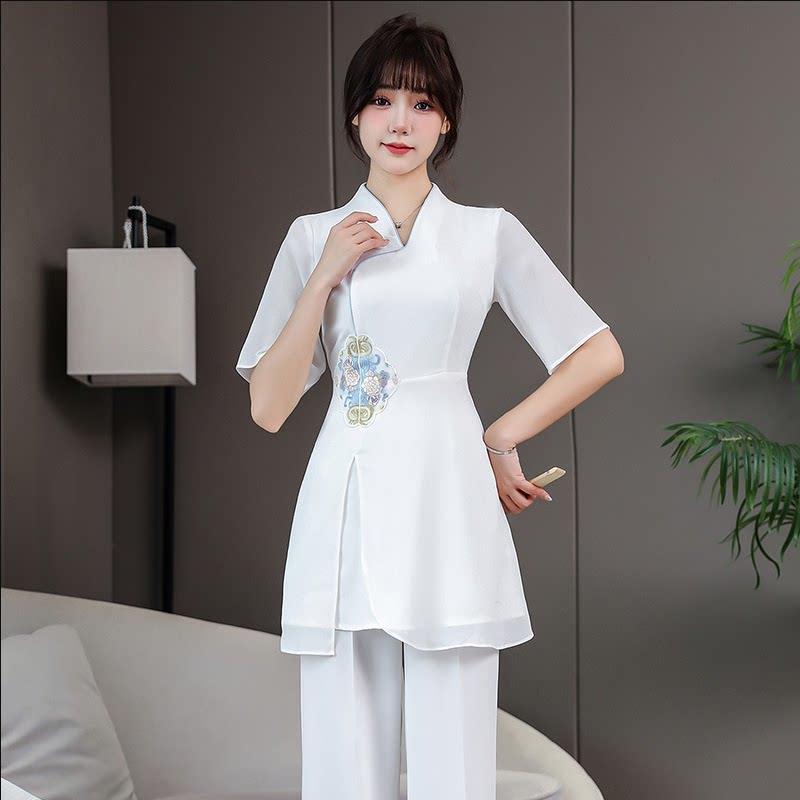 中国风茶艺师采耳按摩中袖长裤女技师工作服裤套装足疗店工衣