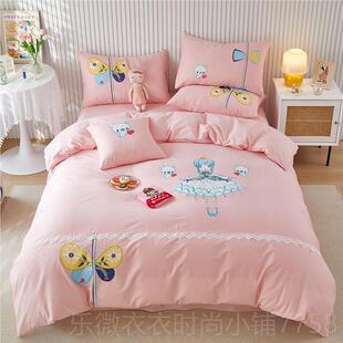 新款儿童床单四件.套孩纯棉卡通男被套.2米15床笠式全棉1三件套蓝