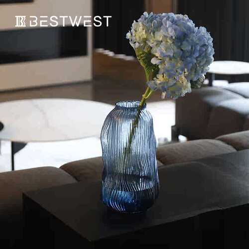 Best west 北欧烟蓝色不规则透明水培玻璃花瓶 家居客厅装饰花器