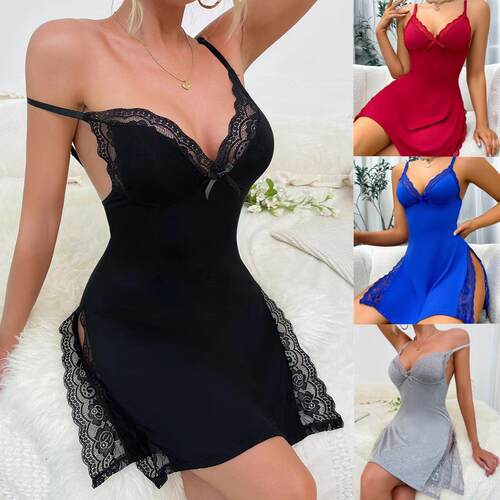 Women's Breathable Cotton Cami Sleep Dress, Sexy Lace Trim S