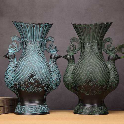 双凤尊家居装饰品 古玩收藏品孔雀杯 仿古青铜器做旧双凤花瓶厂家