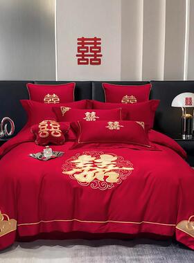 高档新婚庆四喜件组大红色全棉绣上结婚房床刺用品六十件套婚被中