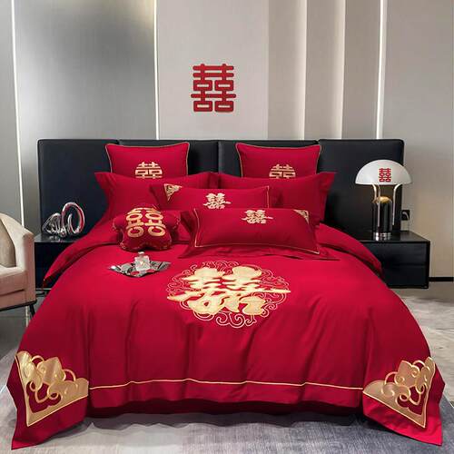 高档新婚庆四喜件组大红色全棉绣上结婚房床刺用品六十件套婚被中