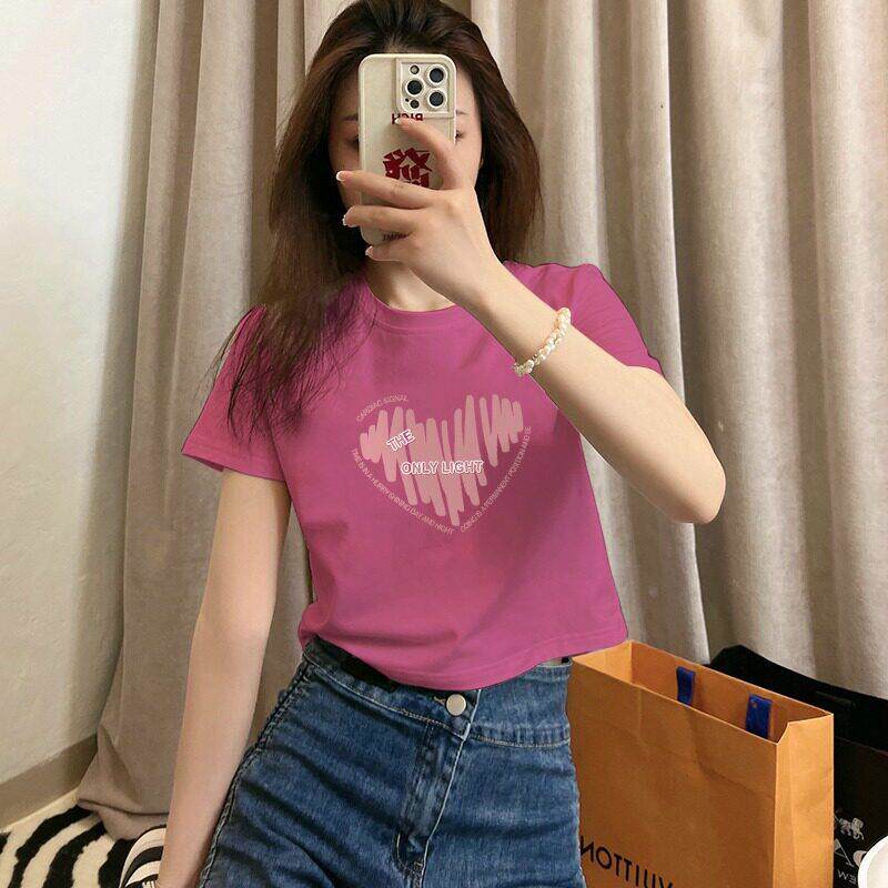 爱心印花短袖T恤女夏季火龙果色正肩T恤衫辣妹修身短款高腰上衣