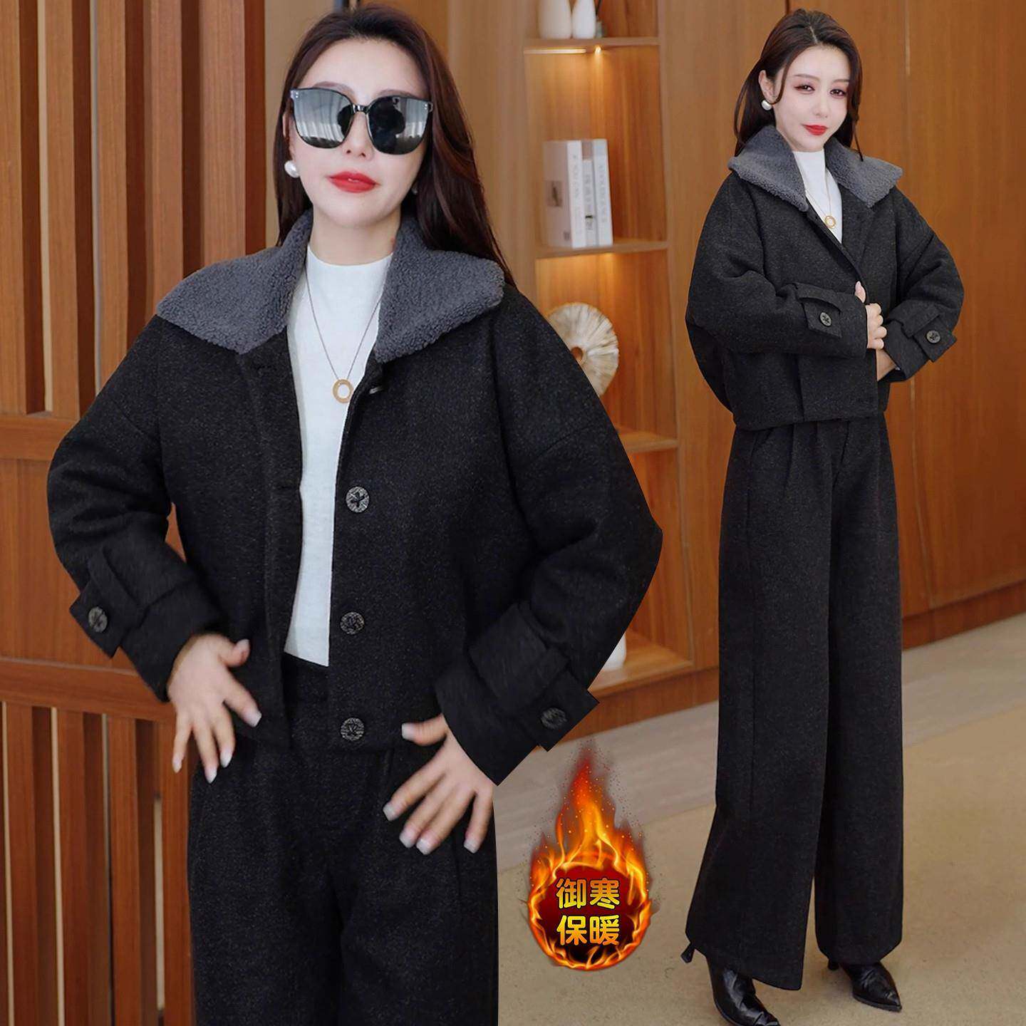 香港代购时尚毛呢套装女冬季新款保暖大翻领夹棉外套阔腿裤两件套