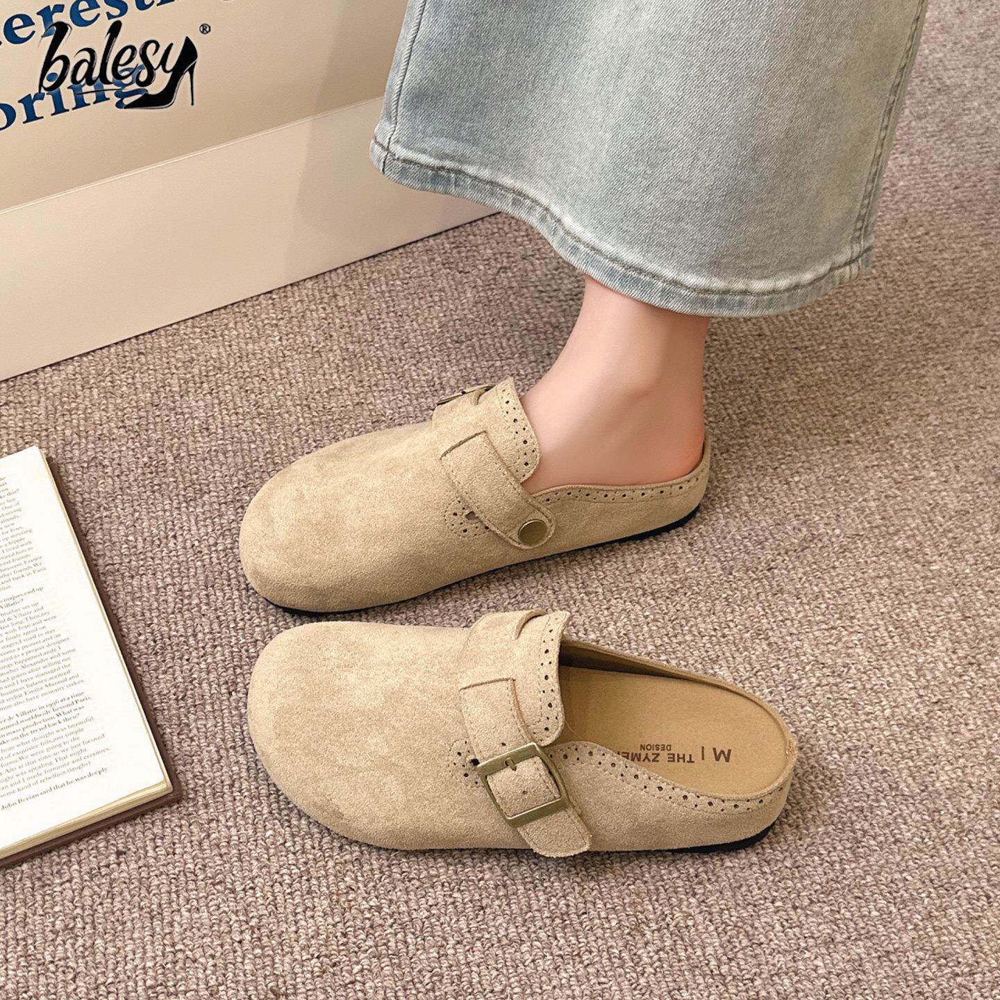 英国真皮厚底勃肯鞋女夏外穿2026新款超火皮带扣软底包头半拖凉鞋