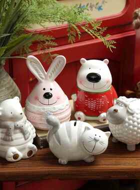 可爱的卡通猫彩色陶瓷动物娃娃放置与手工羊桌面装饰存钱罐礼物