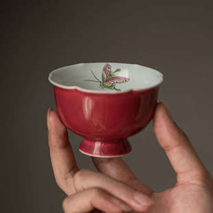 单个茶碗 胭脂红釉手绘陶瓷蝴蝶主人杯茶杯品茗杯功夫茶杯套装