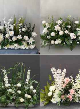 森系婚庆花排地排花婚礼挂排花绿色花艺绿白路引花仿真花绿色花排