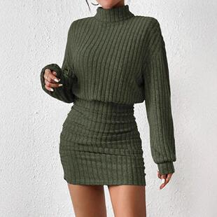 Autumn Winter Women's Dress Long Sleeve Pleated Midi Dress
