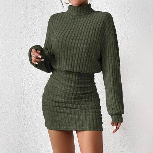 Autumn Winter Women's Dress Long Sleeve Pleated Midi Dress