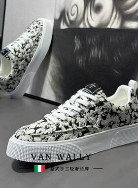 VAN WALLY男鞋2025新款透气帆布鞋运动休闲 低帮滑板鞋印花小白潮