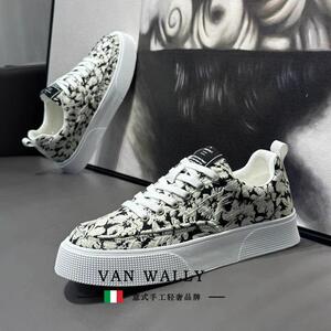 VAN WALLY男鞋2025新款透气帆布鞋运动休闲 低帮滑板鞋印花小白潮